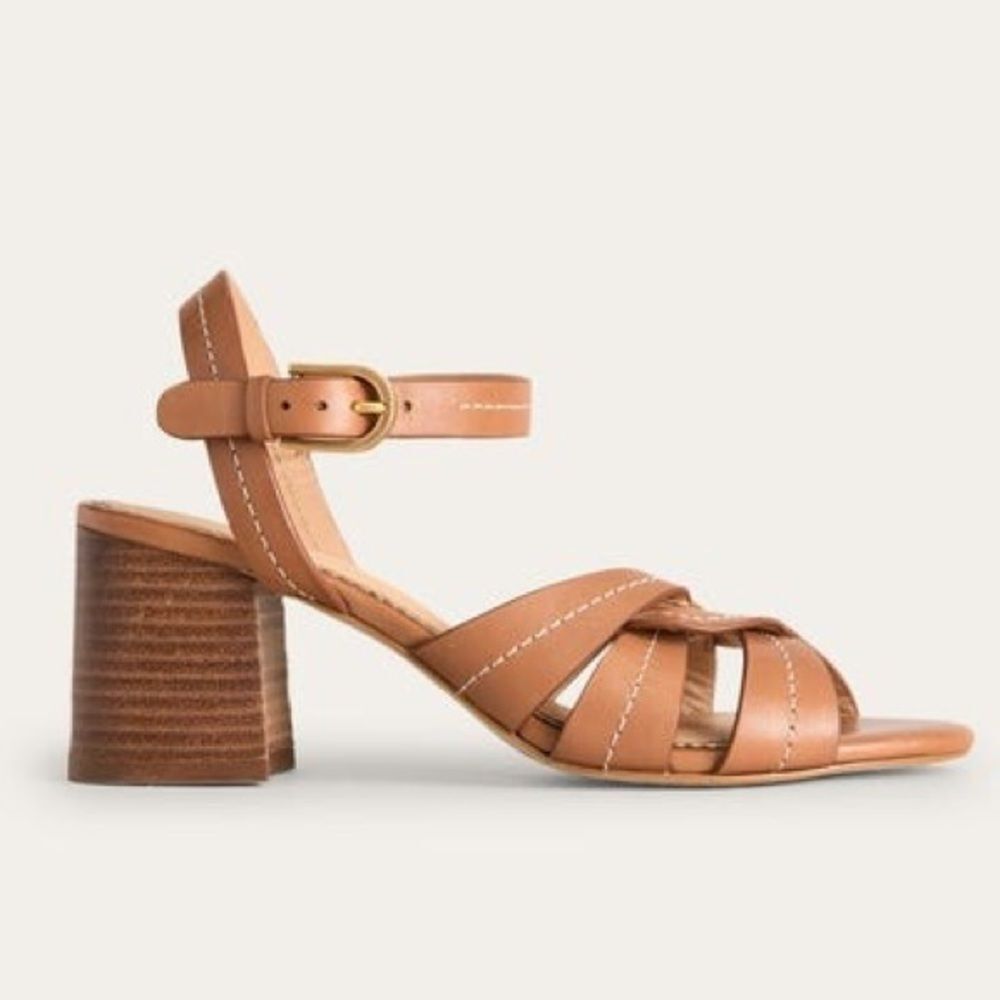 BODEN Tan Brown Leather Buckle Block Heel Sandals